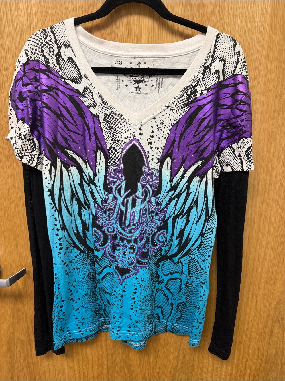 Rock & Roll Cowgirl Y2K Style Purple & Teal V-Neck Graphic Long Sleeve Top XL